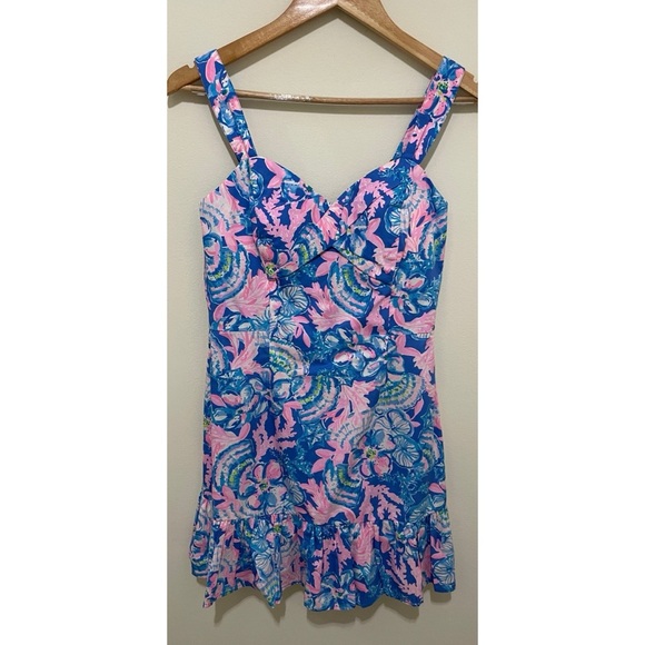 EUC Lilly Pulitzer Pink and Blue Floral Romper Mini Dress, Size 2 - Picture 6 of 16